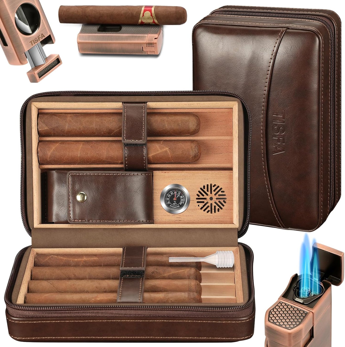 TISFA Cigar Humidor with Leather Case, Lighter & Cutter Set