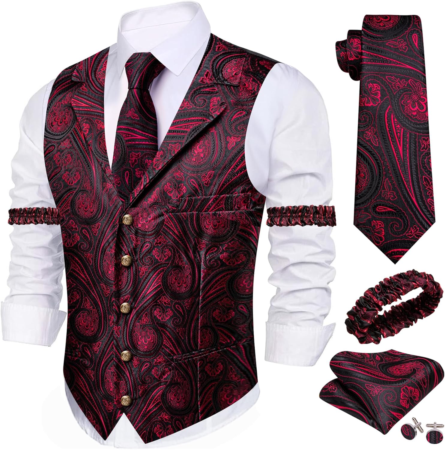Stylish Mens Silk Lapel Vest Tie Sleeve Holder Set for Weddings