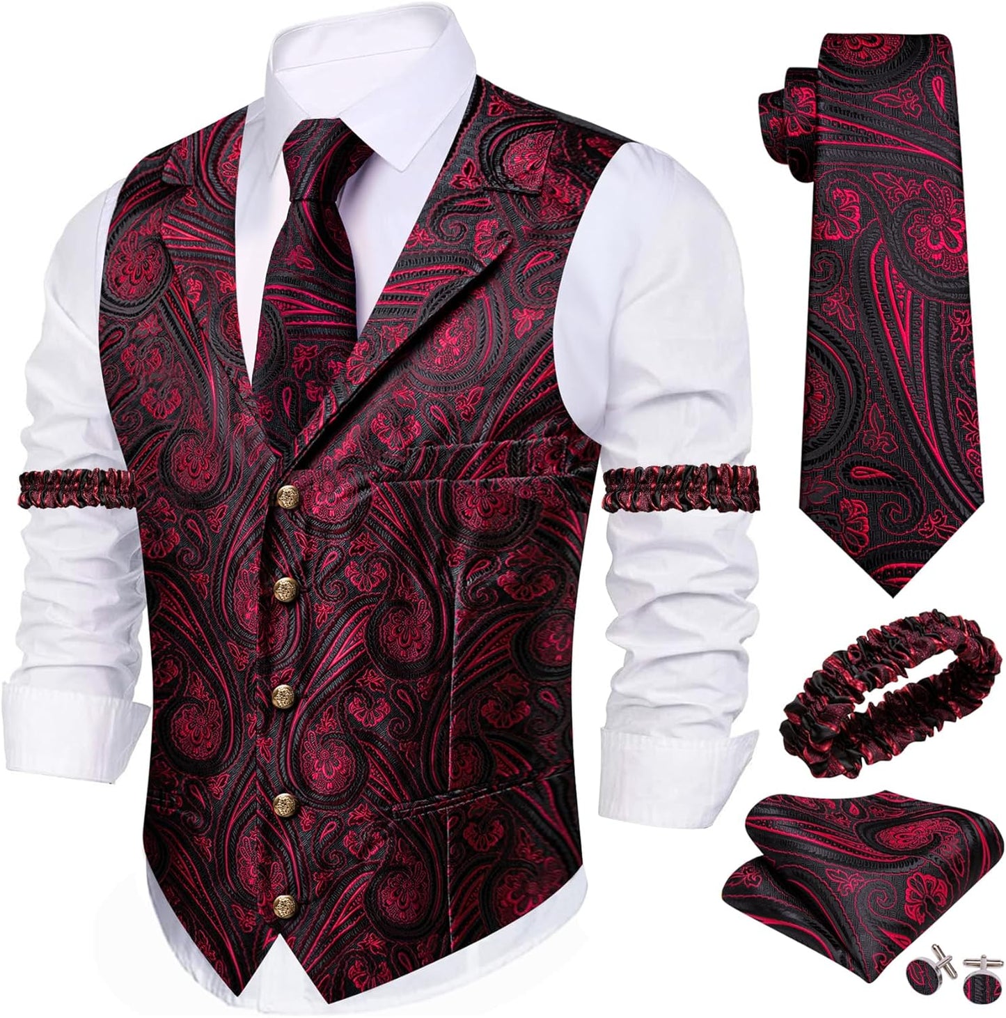 Stylish Mens Silk Lapel Vest Tie Sleeve Holder Set for Weddings