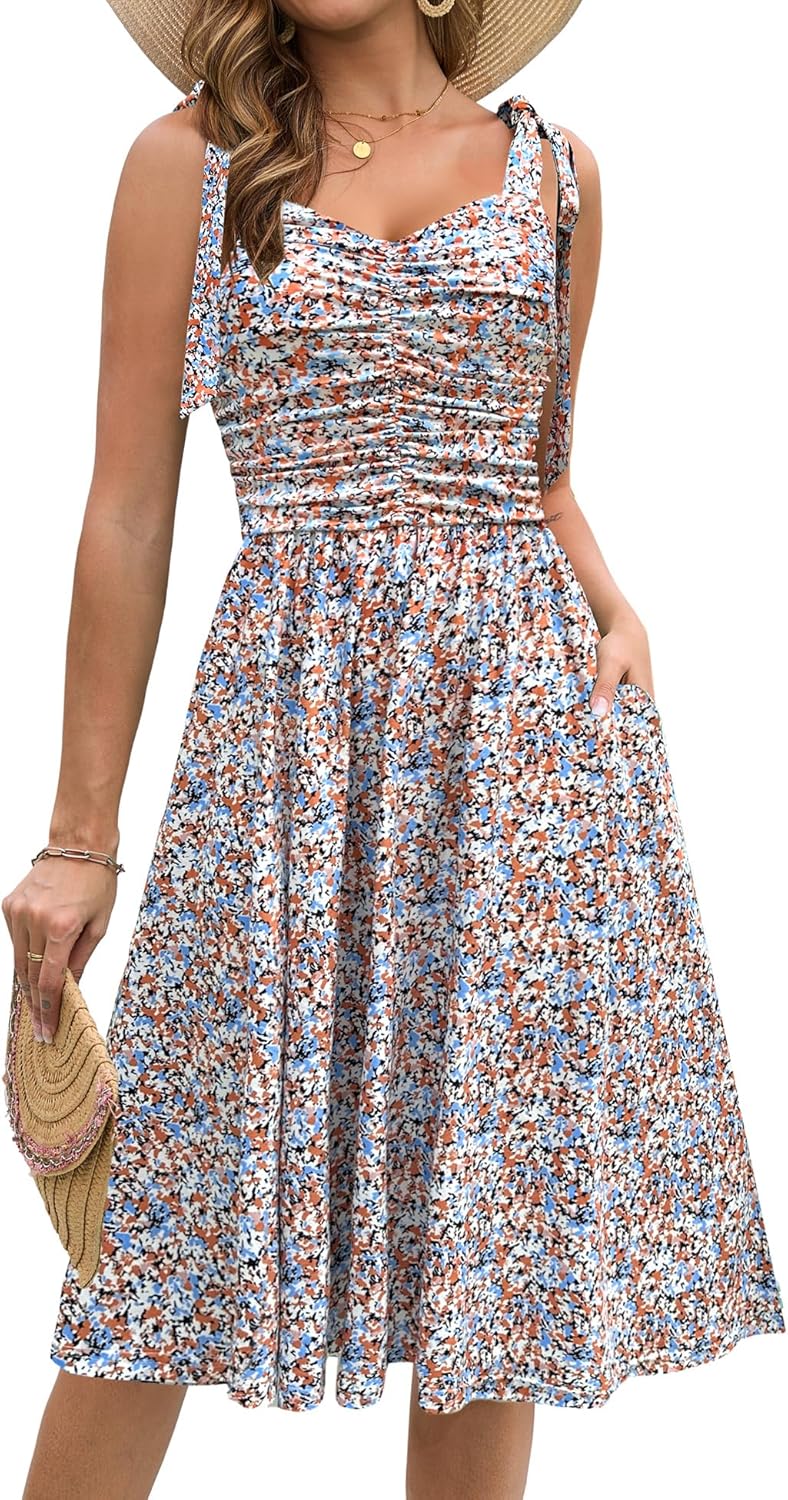 Kranda Women Summer Fall Ruched Midi Dress with Pockets
