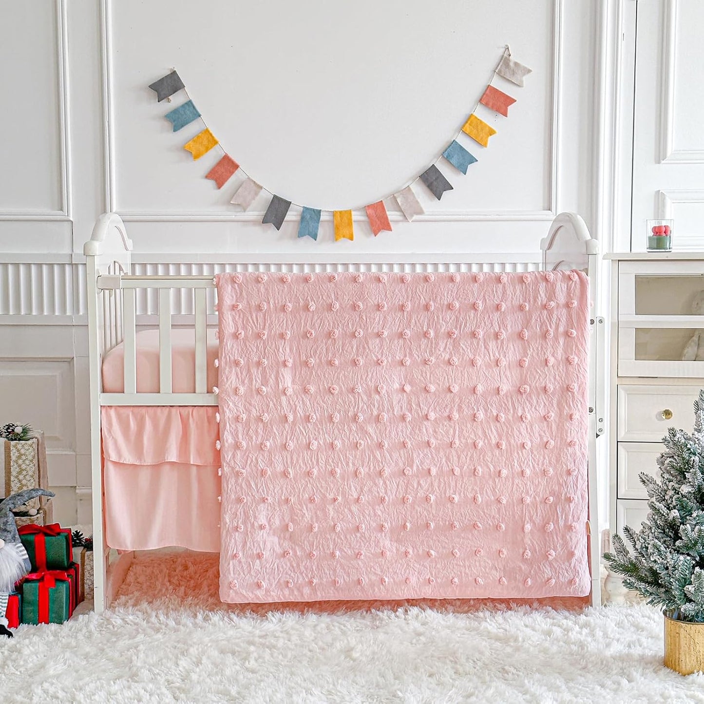 Pink Crib Bedding Set with Tufted Dots for Baby Girls