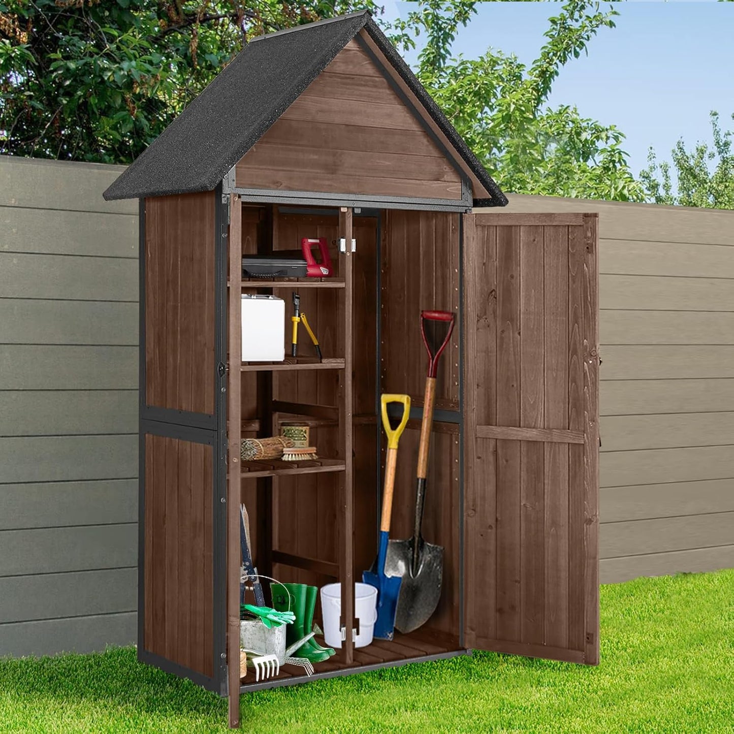 Garden Shed with Metal Frame and Adjustable Shelves for Storage