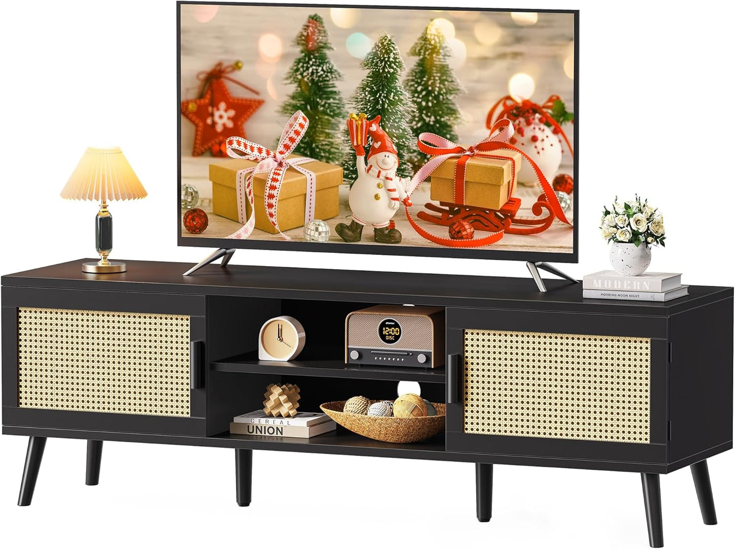 Stylish TV Stand for 65 Inch TV with Rattan Console Design