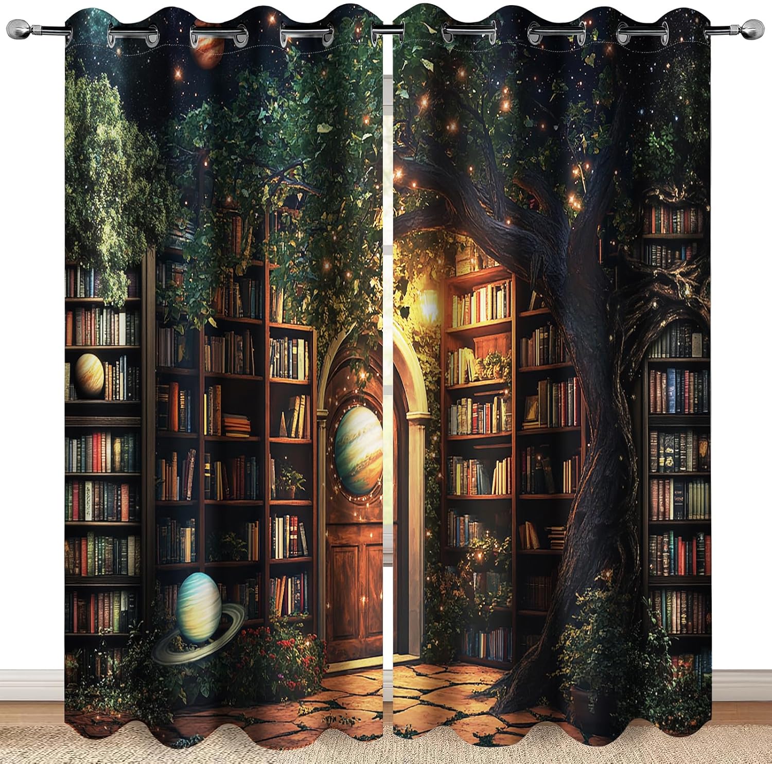 MissHope Vintage Bookshelf Galaxy Blackout Curtains for Home