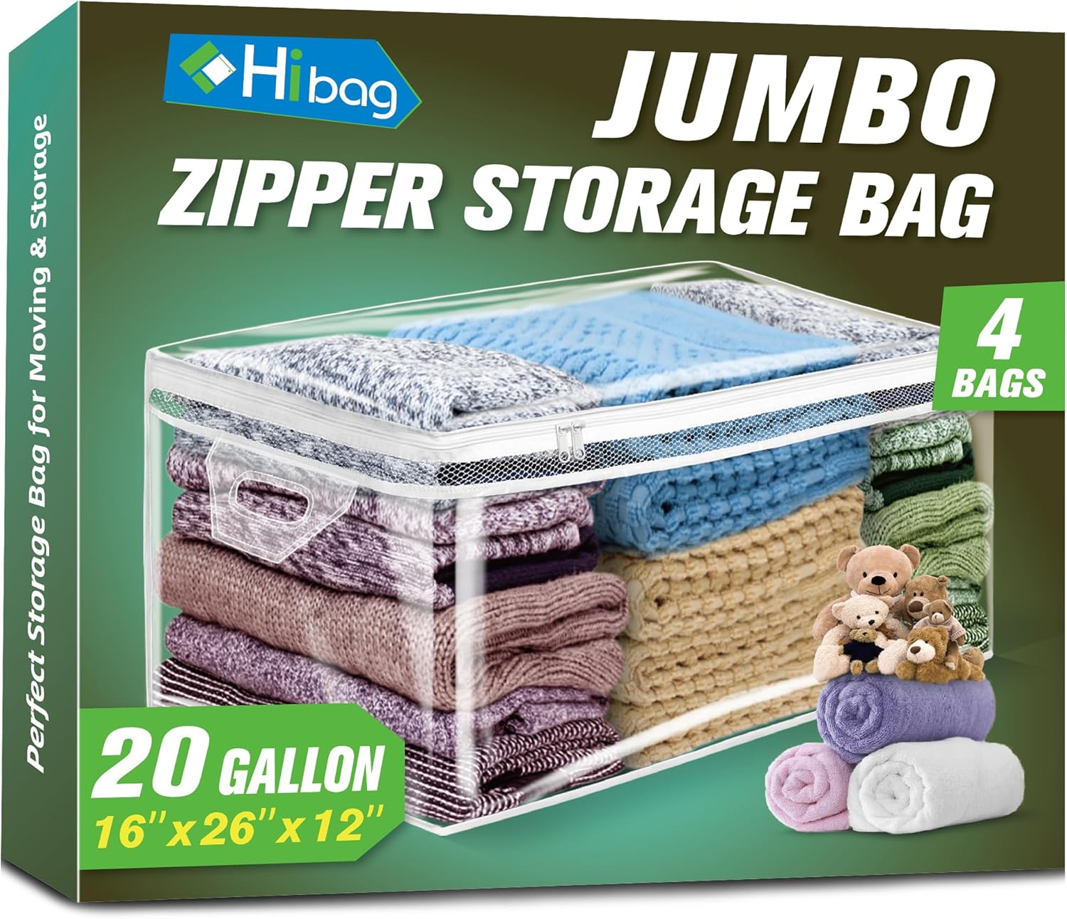 HIBAG 20 Gallon Large Storage Bags for Clothes and Bedding