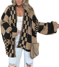 Casual Cardigan Sweater for Women - Chunky Checkered Open Front
