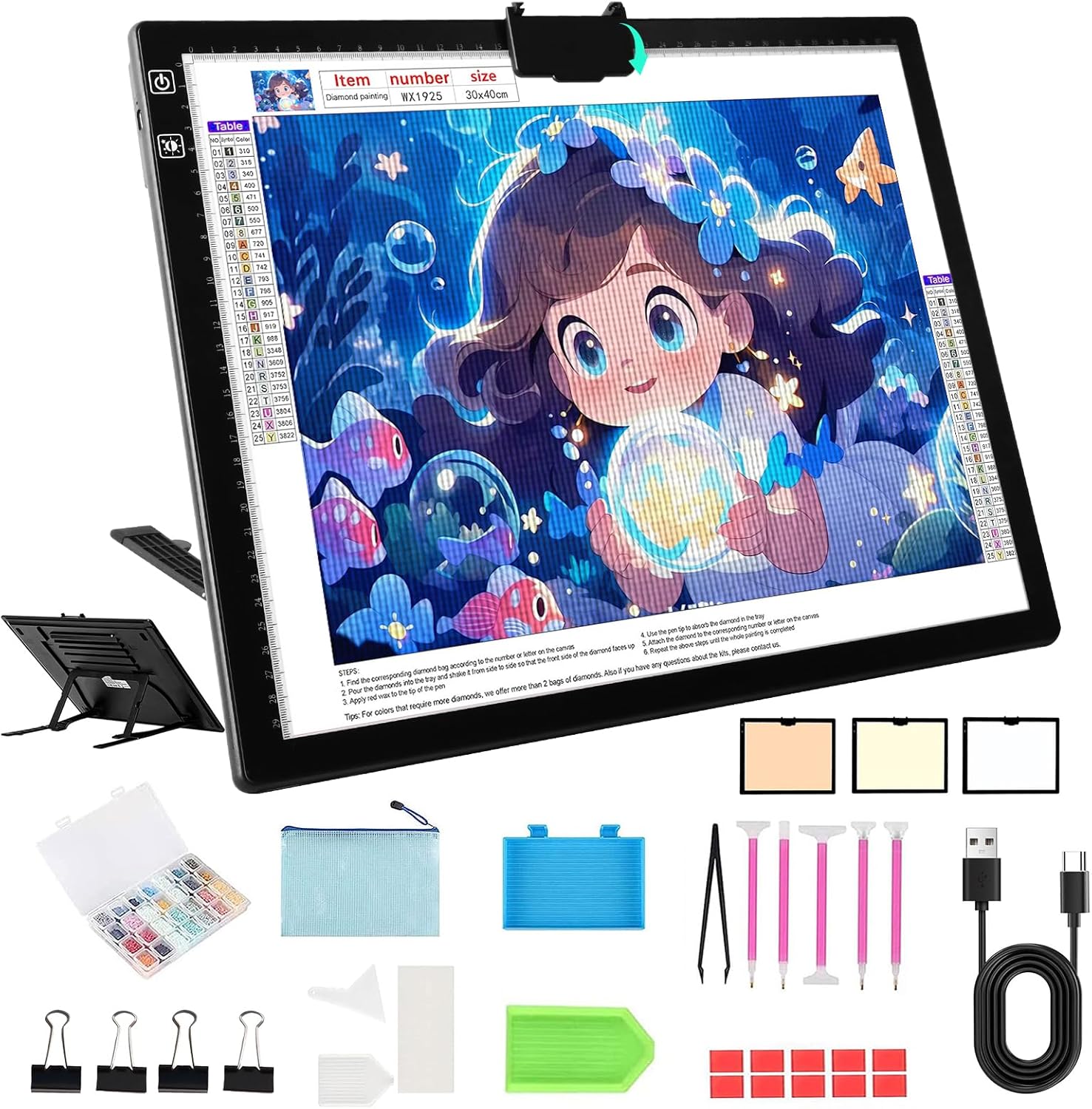 Rechargeable A3 Diamond Painting Light Pad with Stand & Clips