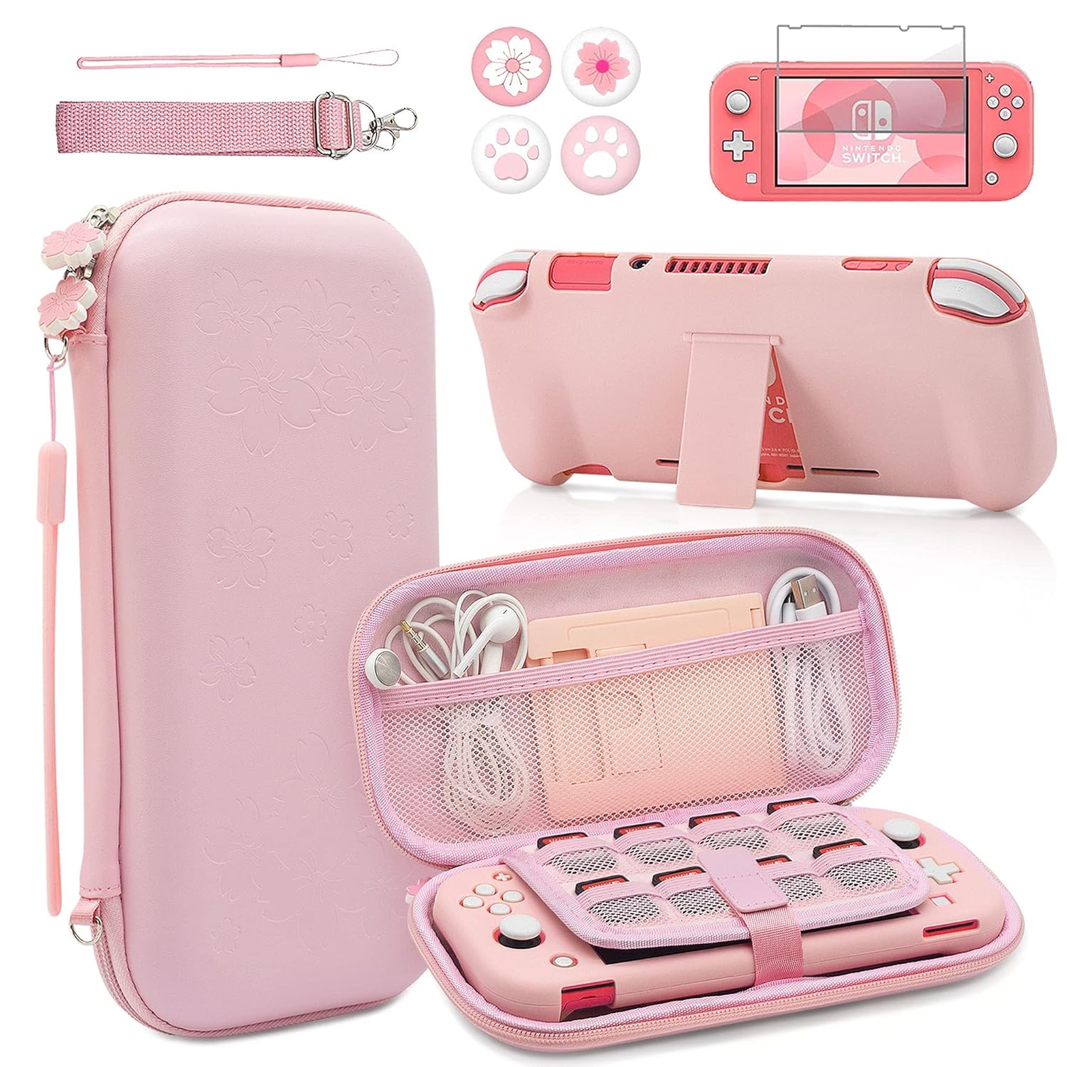 BRHE Pink Travel Carrying Case for Switch Lite - 9 in 1 Kit