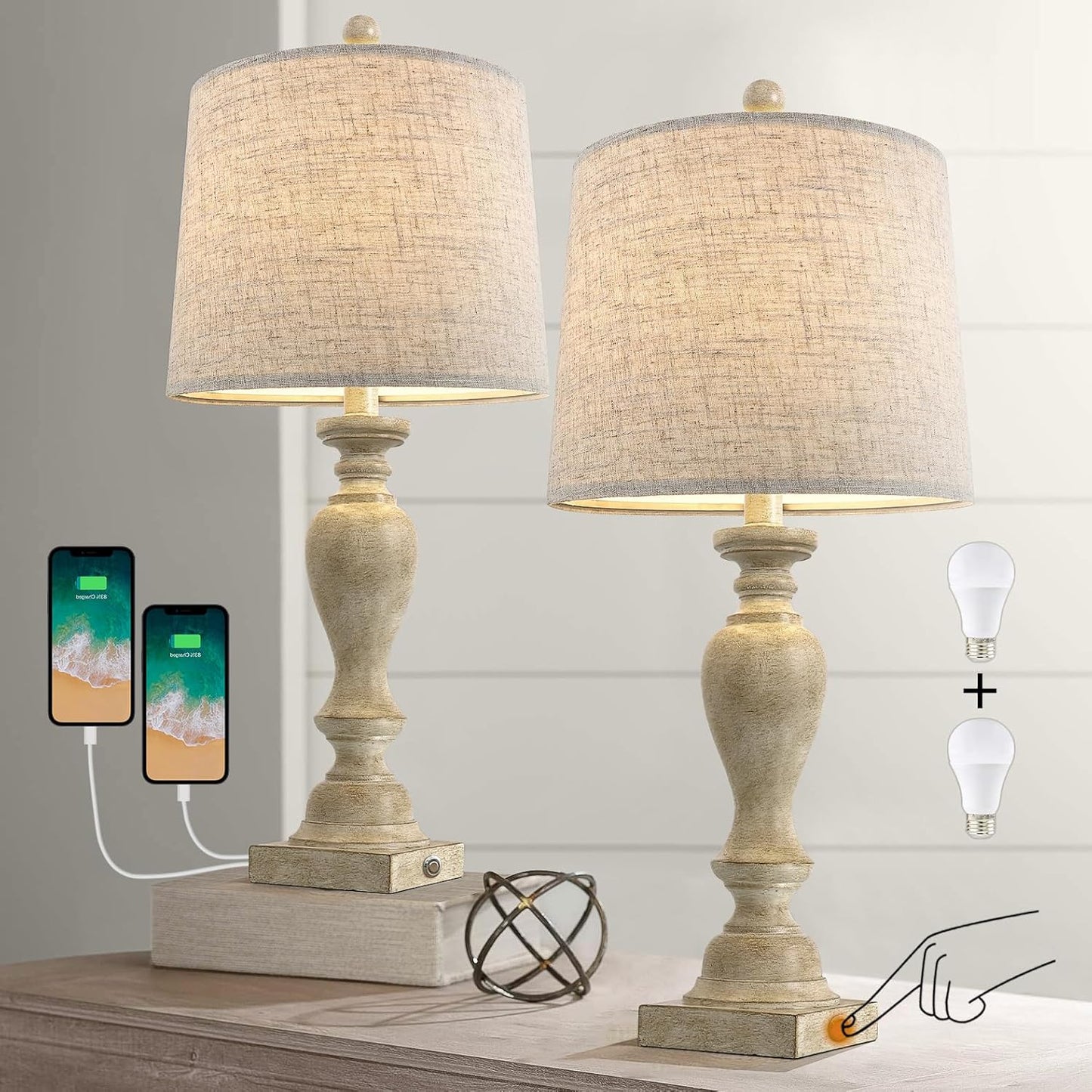 Farmhouse 3-Way Dimmable Table Lamp Set of 2 with USB Ports