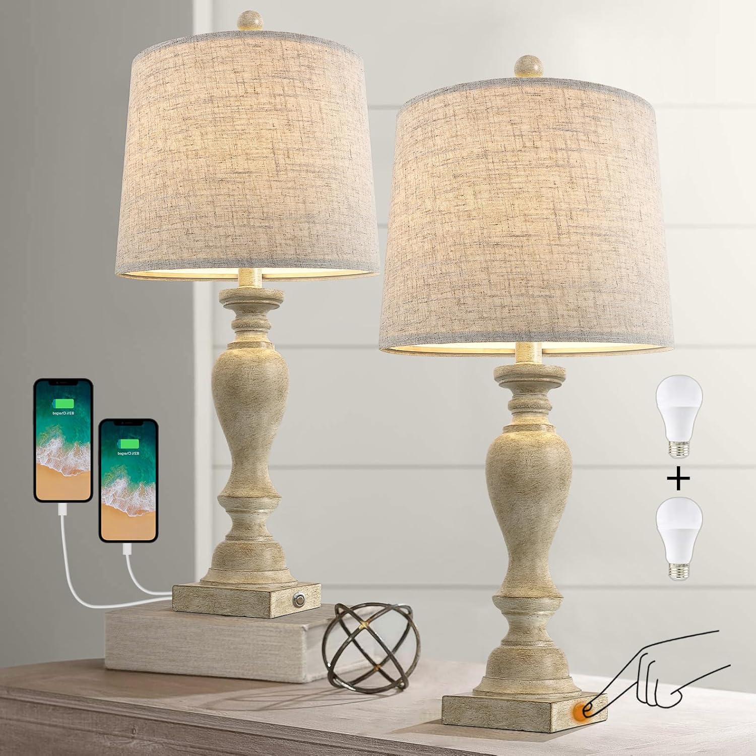 Farmhouse 3-Way Dimmable Table Lamp Set of 2 with USB Ports