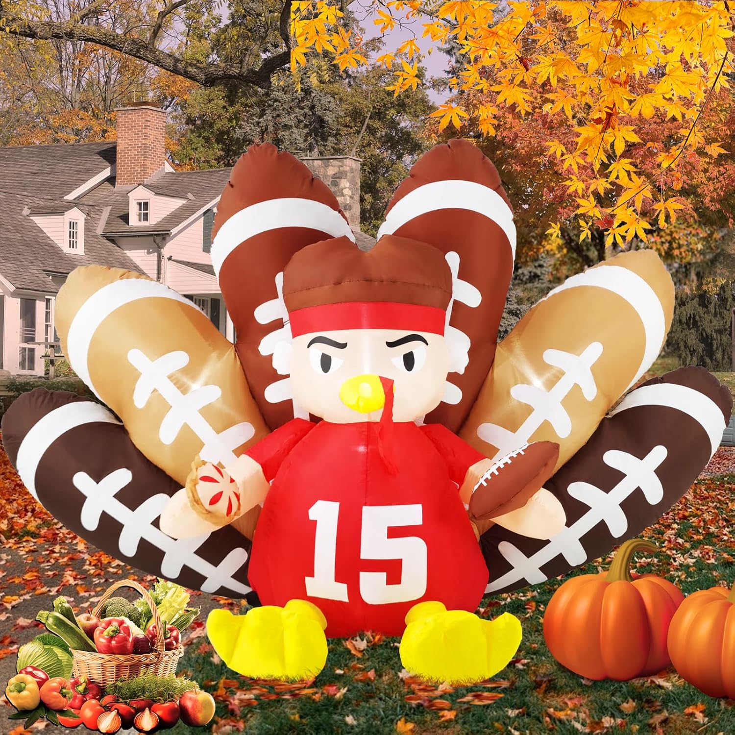 Football Turkey Inflatable with LED Lights for Thanksgiving Fun