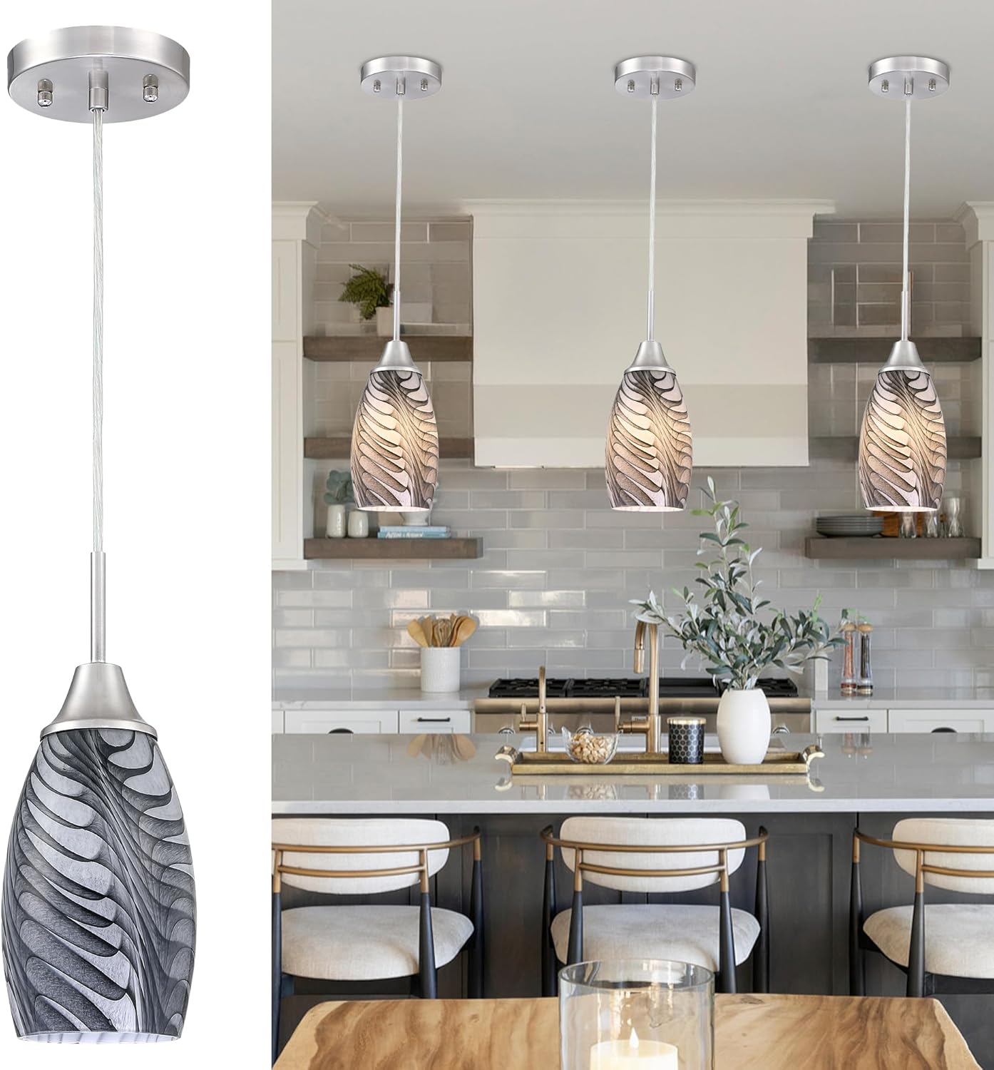 Mini Glass Pendant Light with Handblown Black Gray Marble Design
