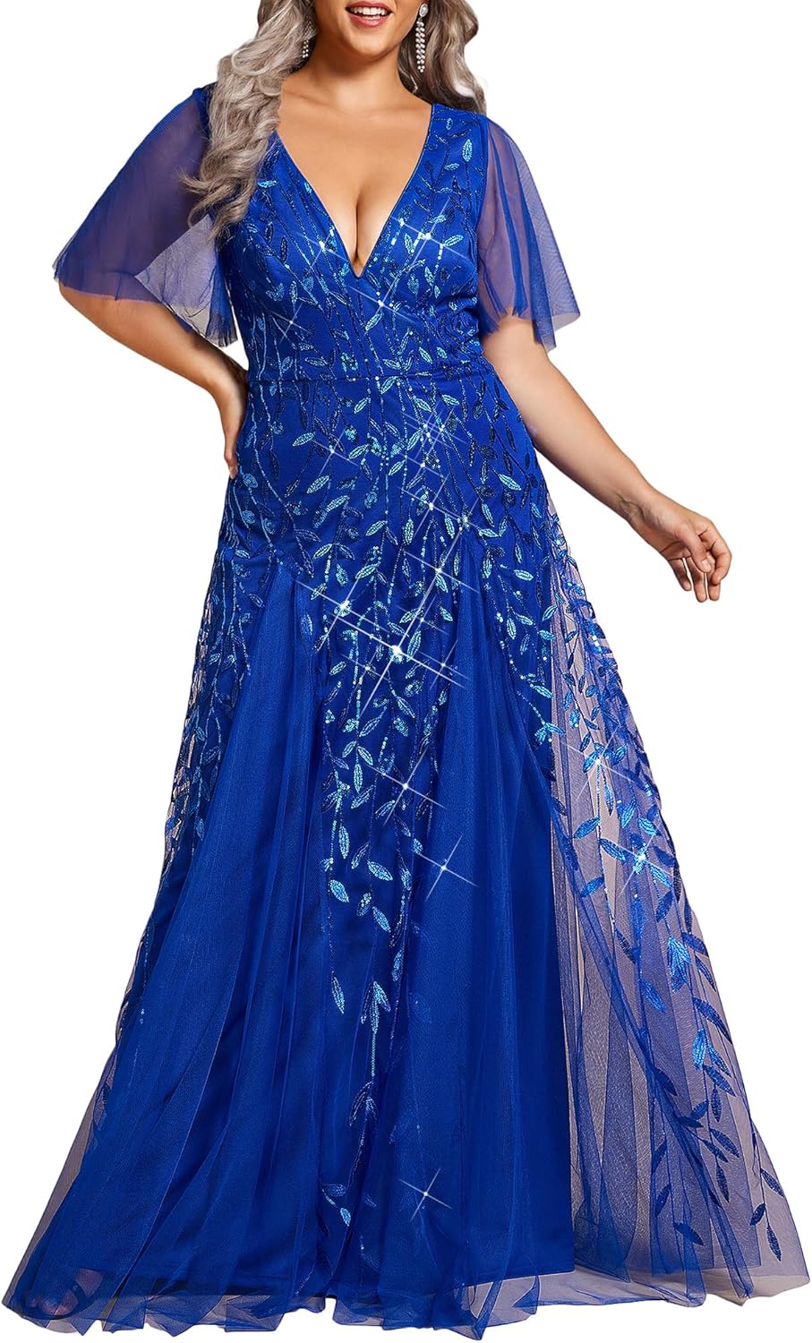 Plus Size V-Neck Sequin Embroidery A Line Evening Dress