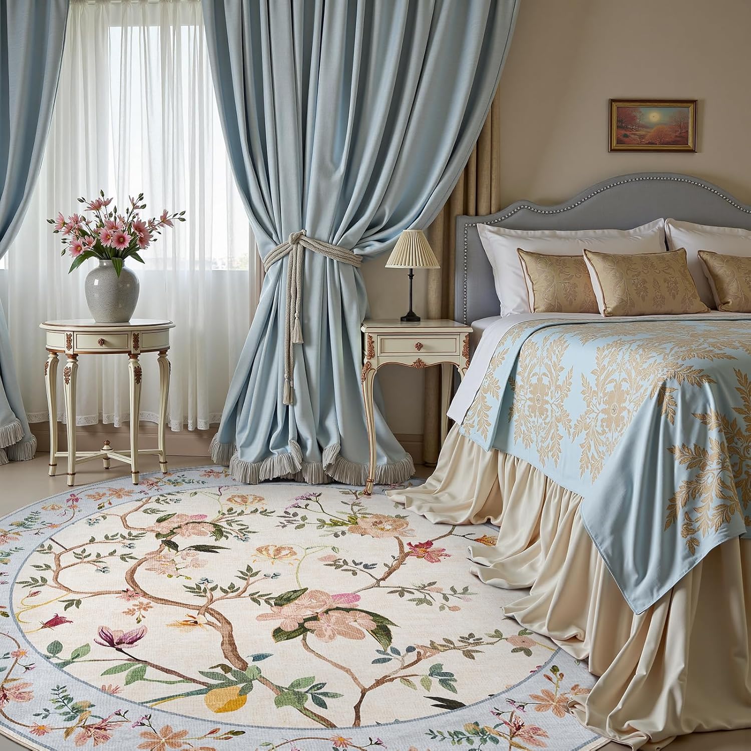 jinchan 8Ft Circle Rug - Floral Washable Non-Slip Carpet