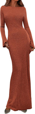 Women's Ribbed Knit Maxi Dress Boat Neck Bodycon - Fall 2025