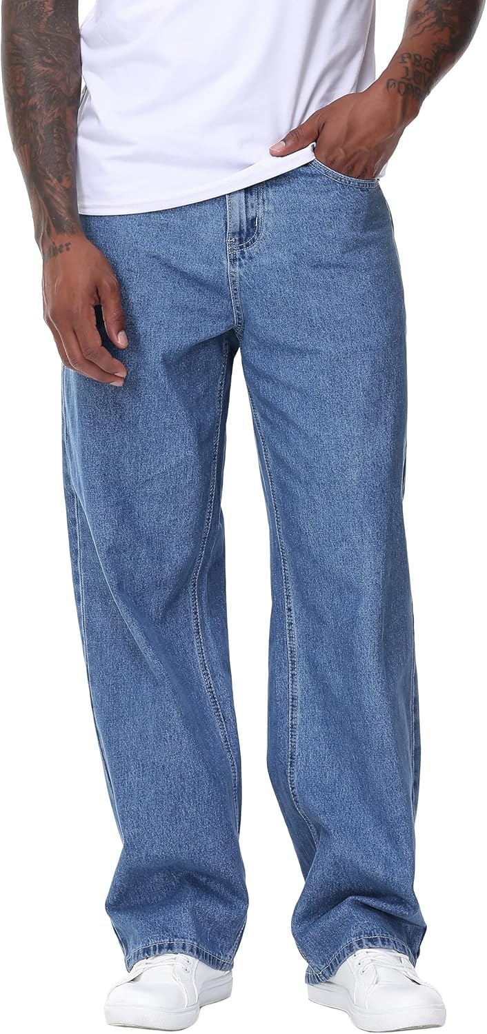 Men's Non-Stretch Loose Fit Wide-Leg Baggy Jeans for Comfort