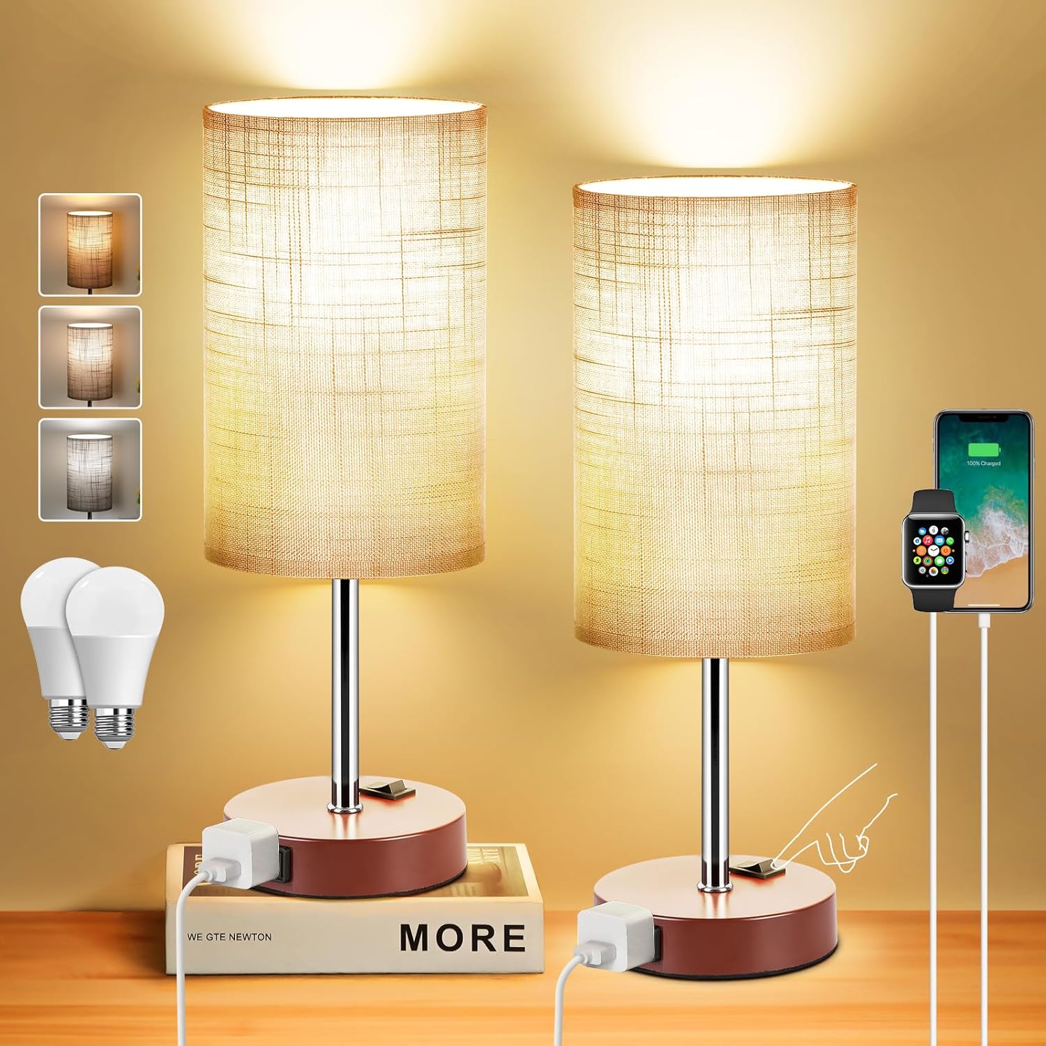 ZJOJO Table Lamp Set of 2 with Dimmable Switch and AC Outlet