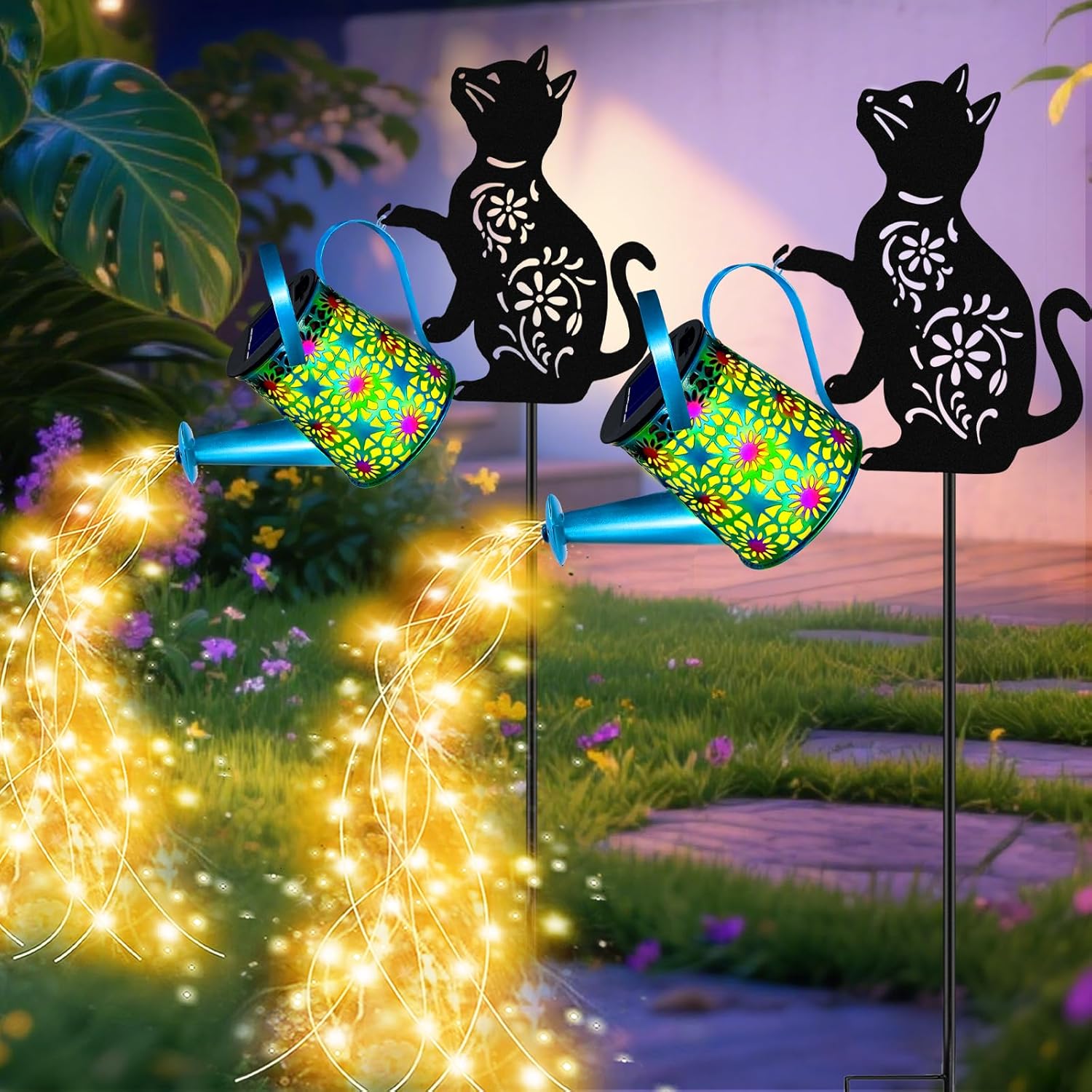 Black Cat Solar Watering Can Lights for Outdoor Garden Decor