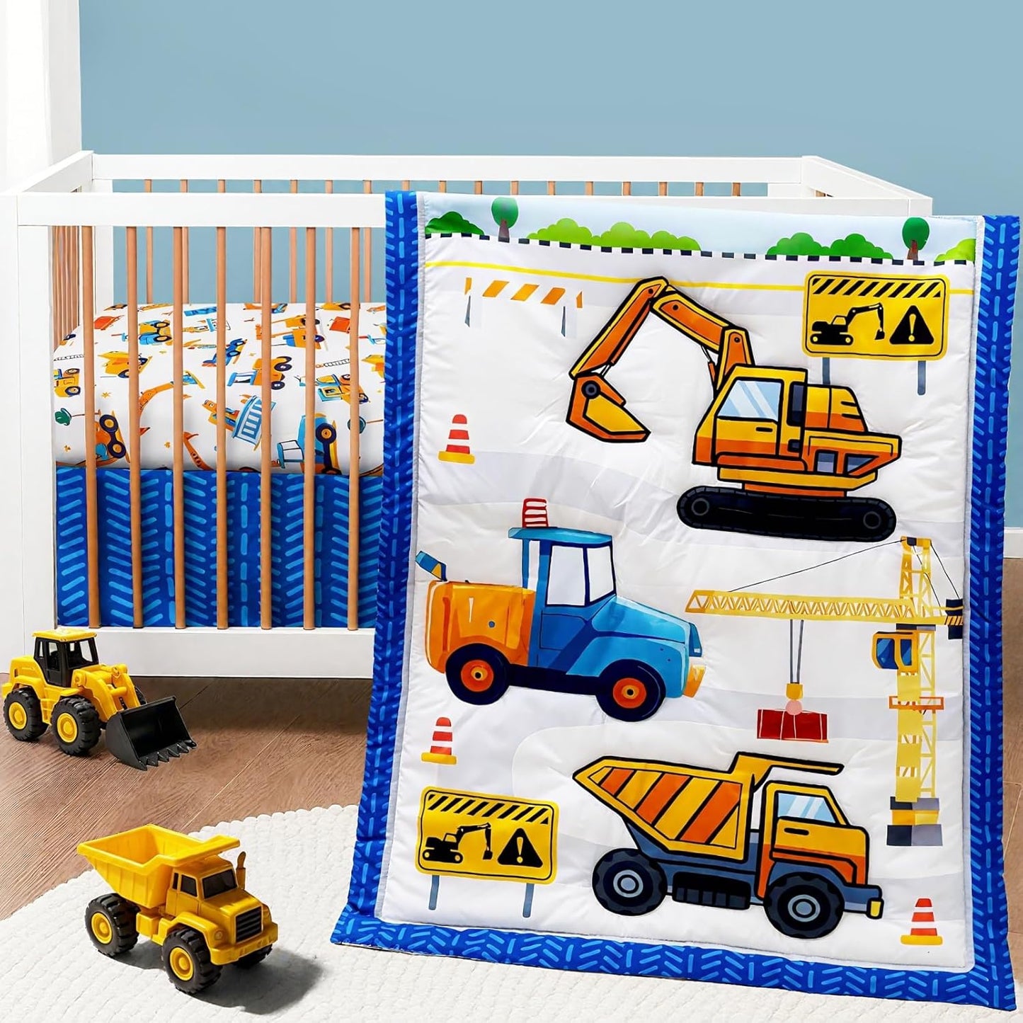 3 Piece Baby Boy Crib Bedding Set with Construction Theme Decor
