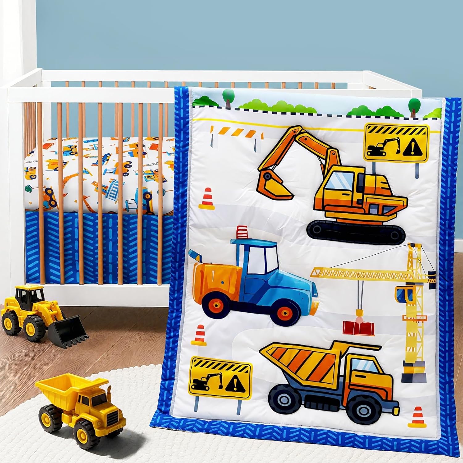 3 Piece Baby Boy Crib Bedding Set with Construction Theme Decor