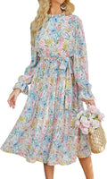 Floral Chiffon Midi Dress Puff Sleeve Mock Neck - Elegant Fall Look
