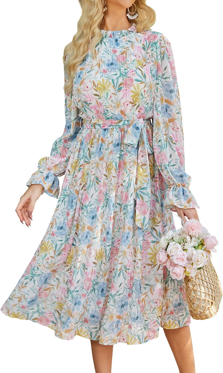Floral Chiffon Midi Dress for Women - Elegant Summer Style