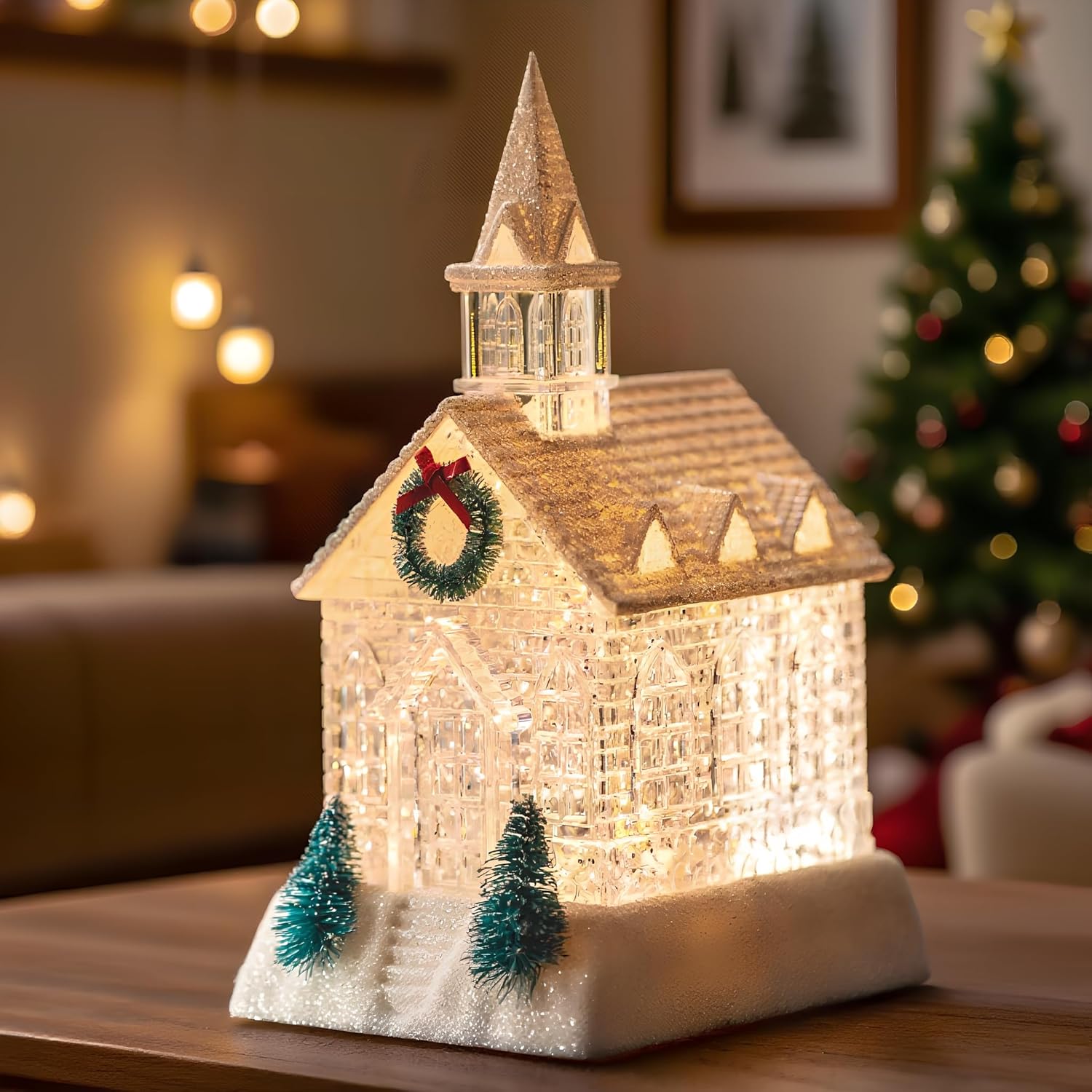 Christmas Lighted Church Water Lantern Snow Globe for Festive Decor