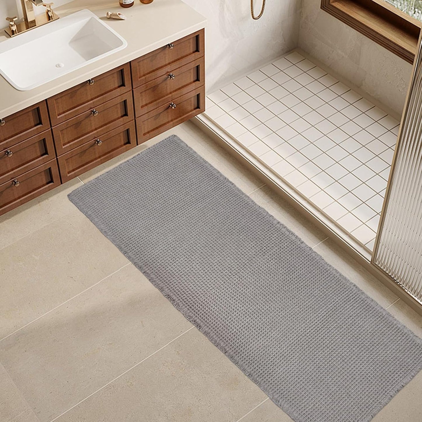 ZALL Grey Waffle Bath Mat - Super Absorbent Non Slip Rug