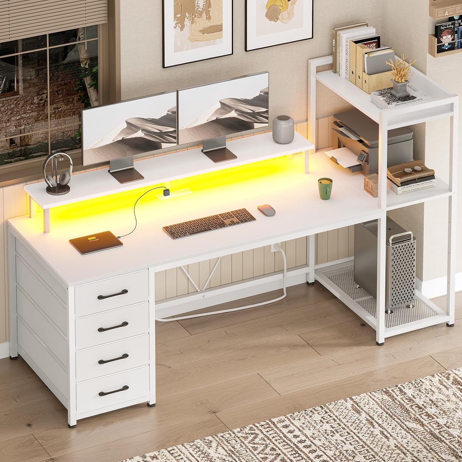 SEDETA 59 Gaming Desk: LED Lights, Power Outlets, White