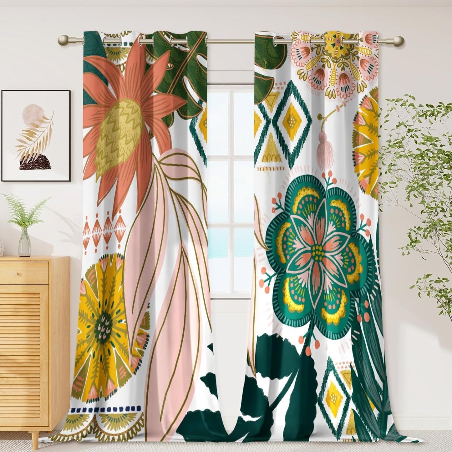 100% Blackout Boho Floral Curtains for Bedroom 108 Inches Long