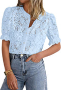 Womens Lace Short Puff Sleeve Button Down Top - Breathable Eyelet