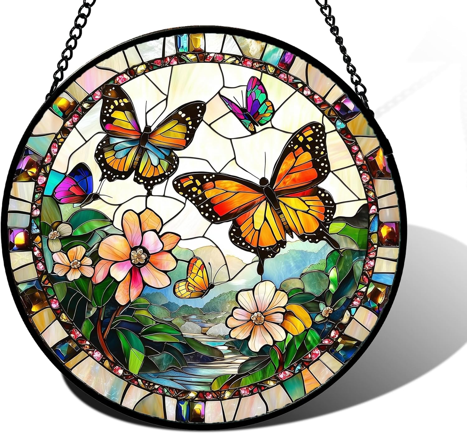 Stained Glass Window Hanging with Butterflies for Home Decor