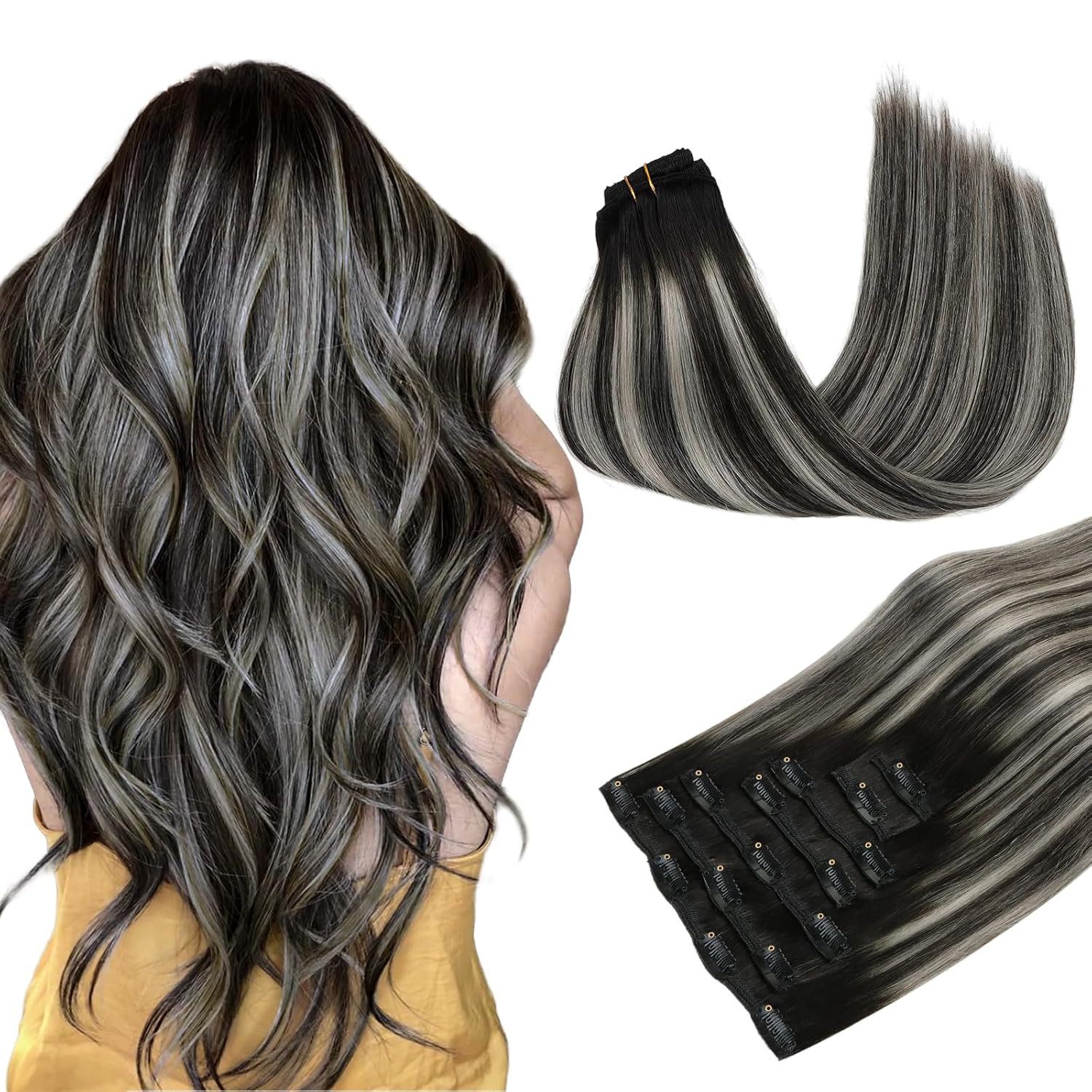 MAXITA Clip in Hair Extensions for Natural Black and Silver Styles