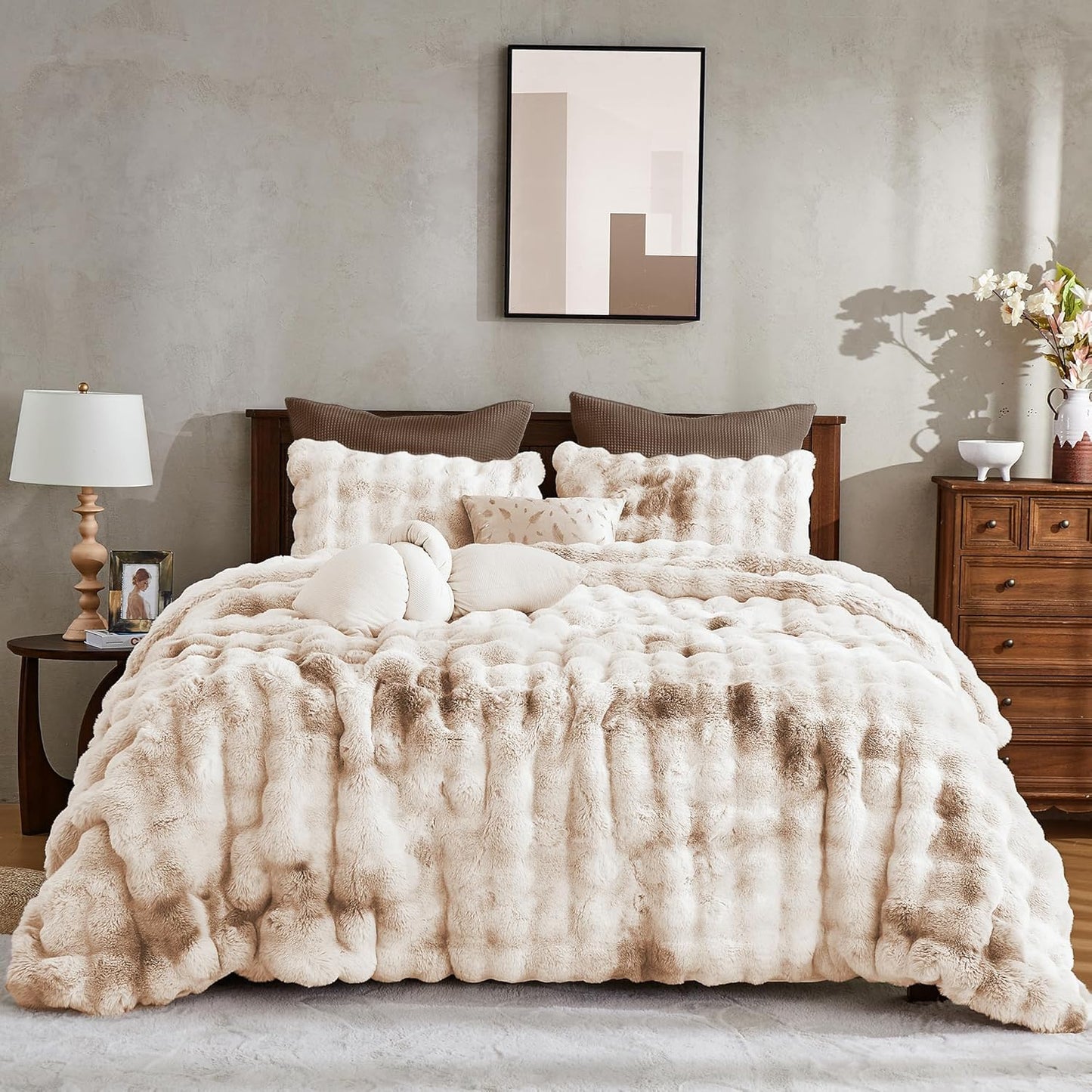 Fluffy Faux Rabbit Fur Bubble Comforter Set for Queen Size Bedding