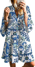 Womens Long Sleeve Tribal Print Boho Mini Dress - Flowy V Neck