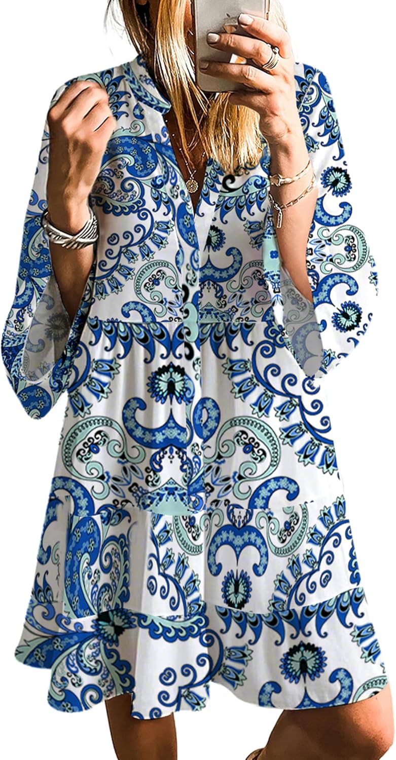 SELINK Womens Long Sleeve Casual V Neck Tribal Print Dress