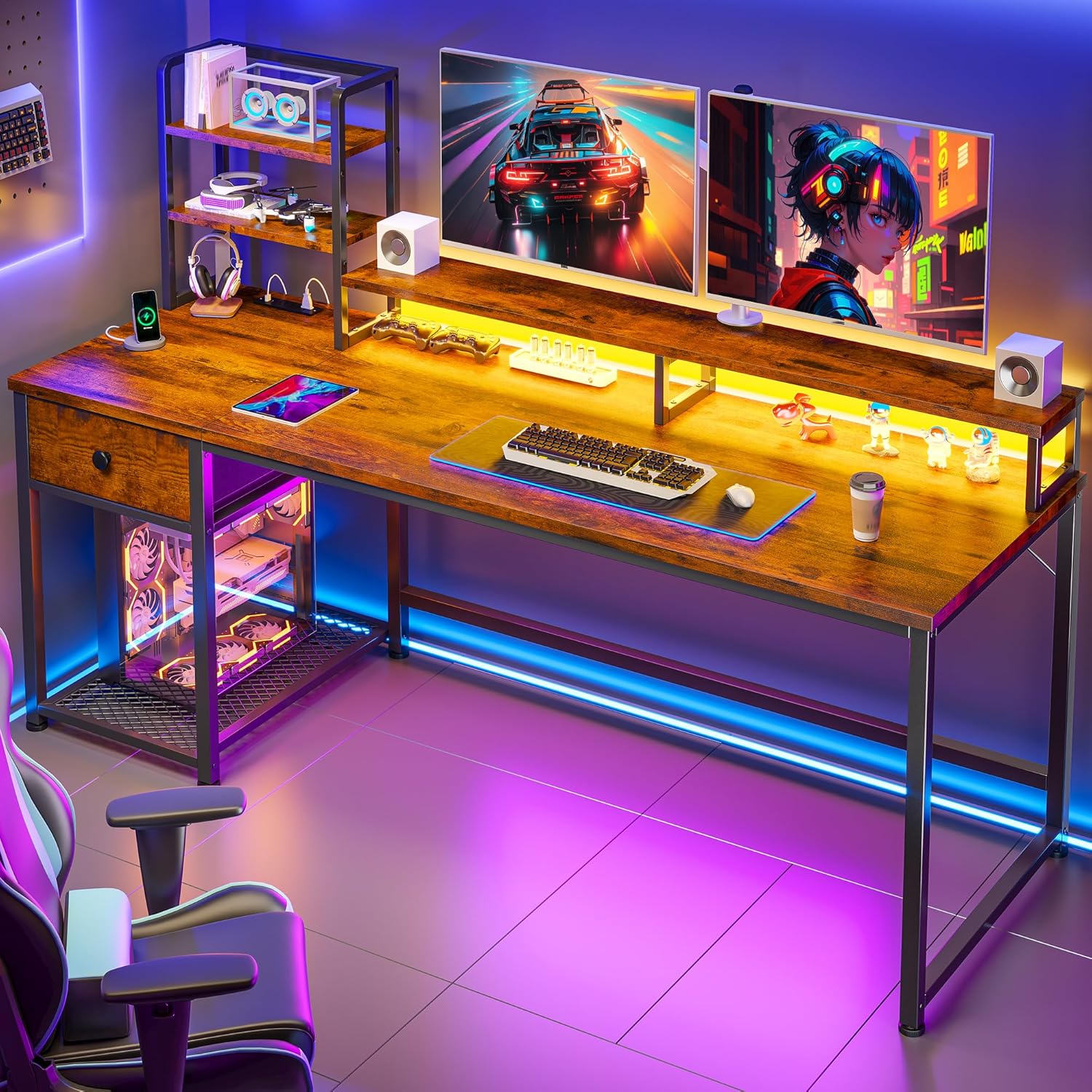 EnHomee 55 Gaming Desk: LED Lights, Power Outlets, Rustic Brown