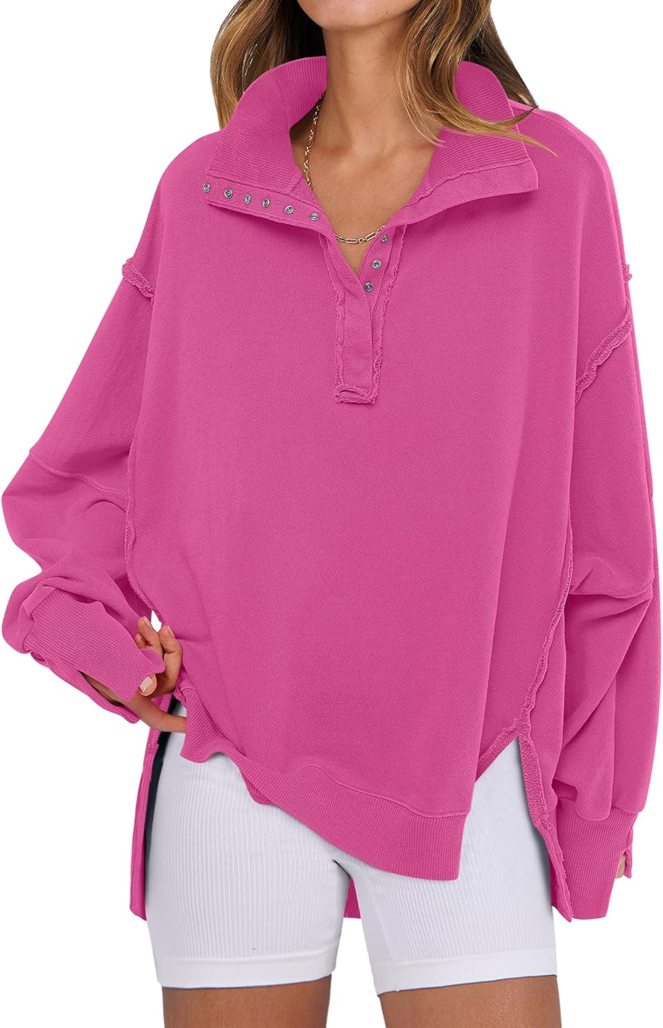 Oversized Casual Button Up Henley Pullover Top for Women