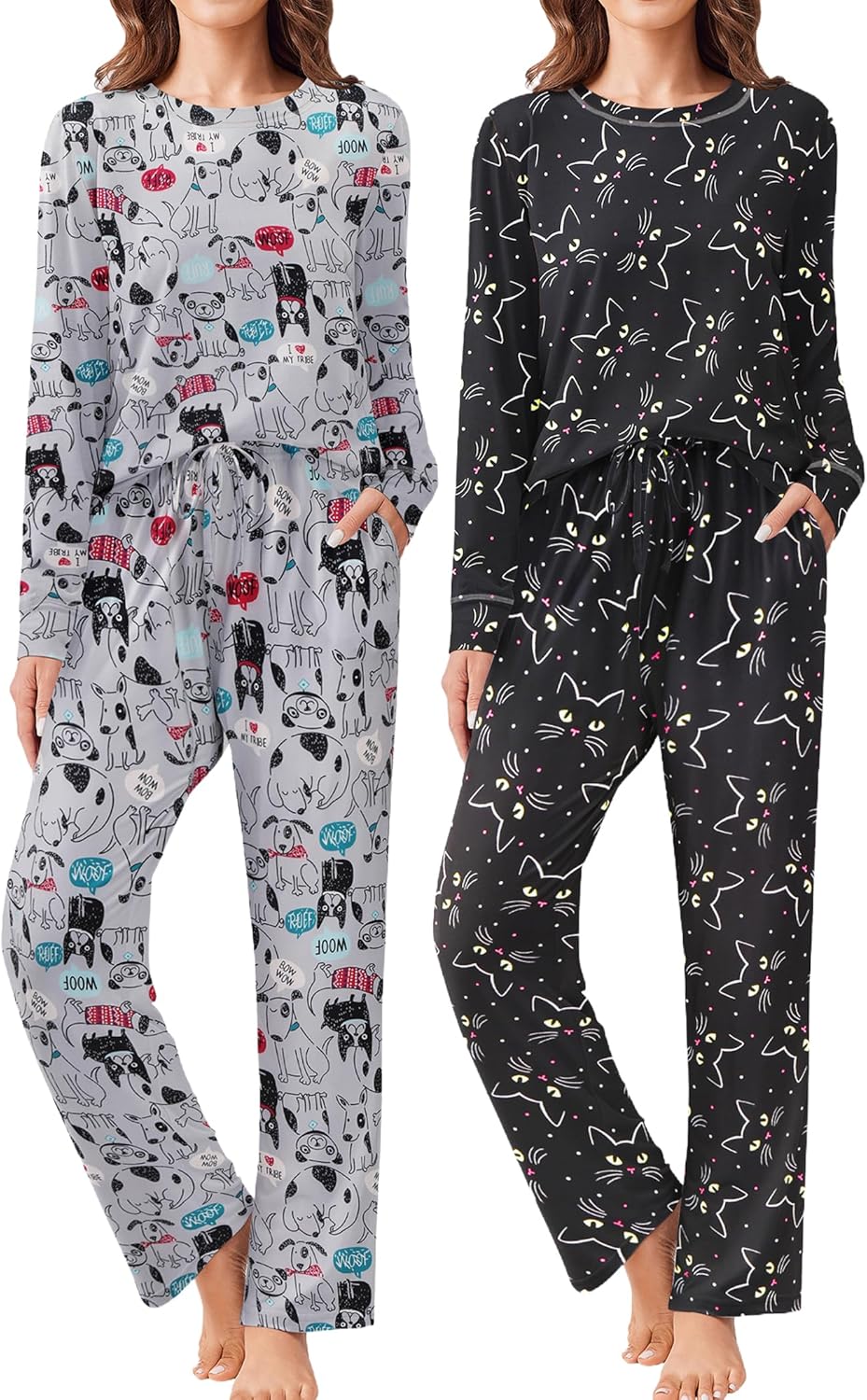 Ekouaer 2 Pack Women Pajama Long Sleeve Sleepwear Sets with Pockets