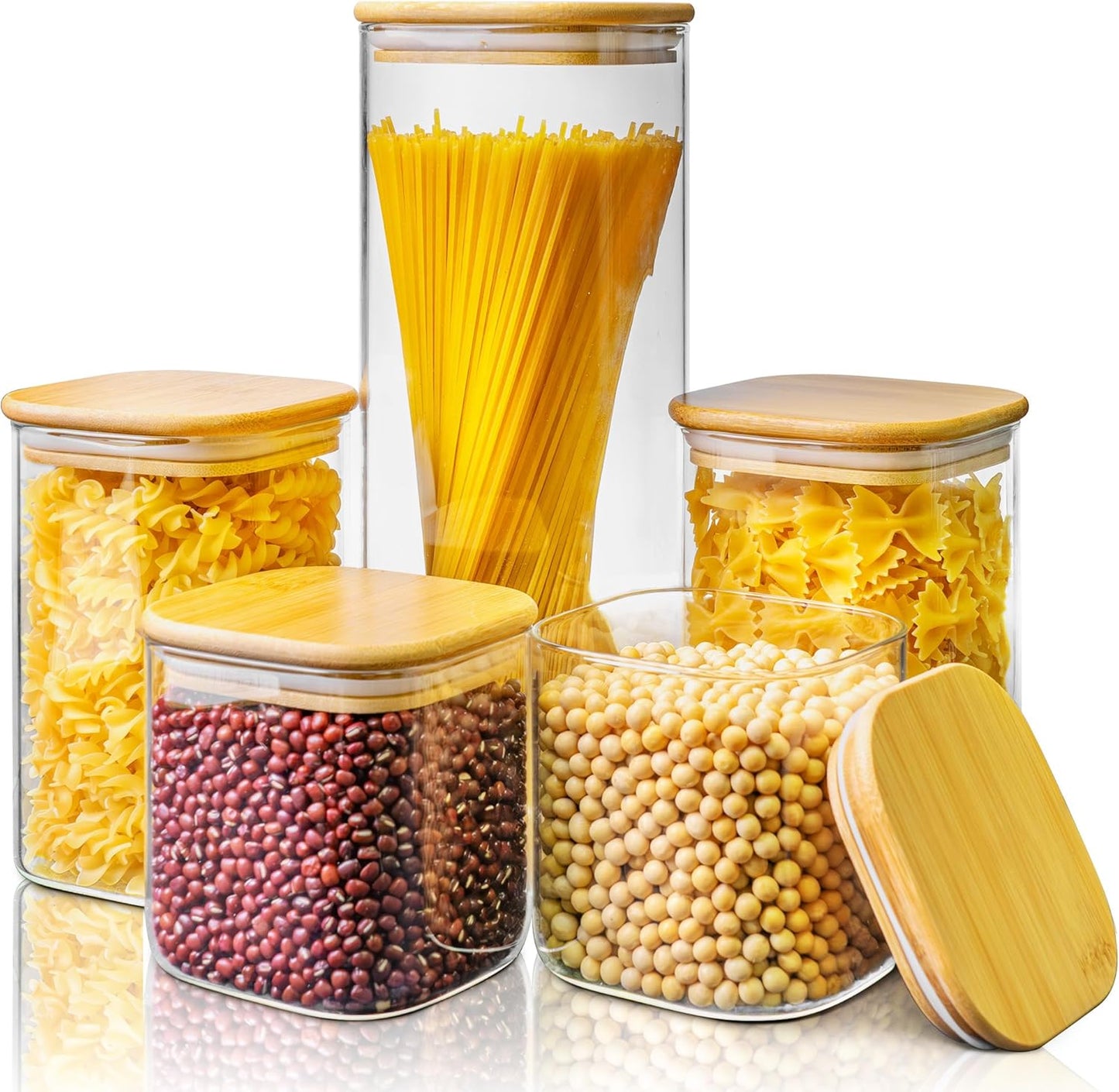 Multi Size Square Glass Jars with Bamboo Lids for Food Storage