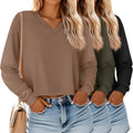 Ficerd 3 Pack Women's Crop Long Sleeve Tops - Cozy Boxy V Neck
