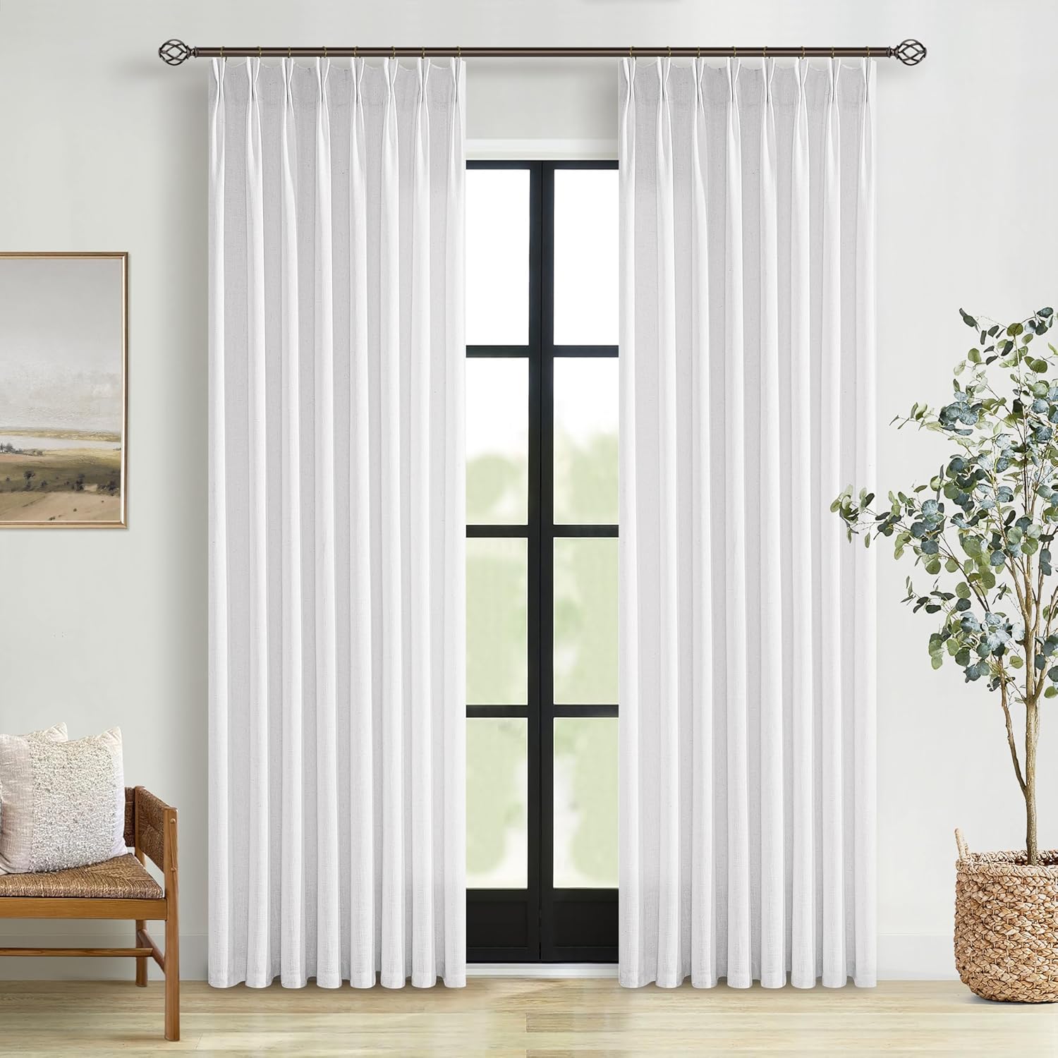White Linen Pinch Pleated Curtains for Living Room and Bedroom