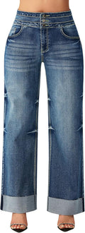 Women's High Waisted Stretchy Wide Leg Jeans - Cuffed Baggy Style are
