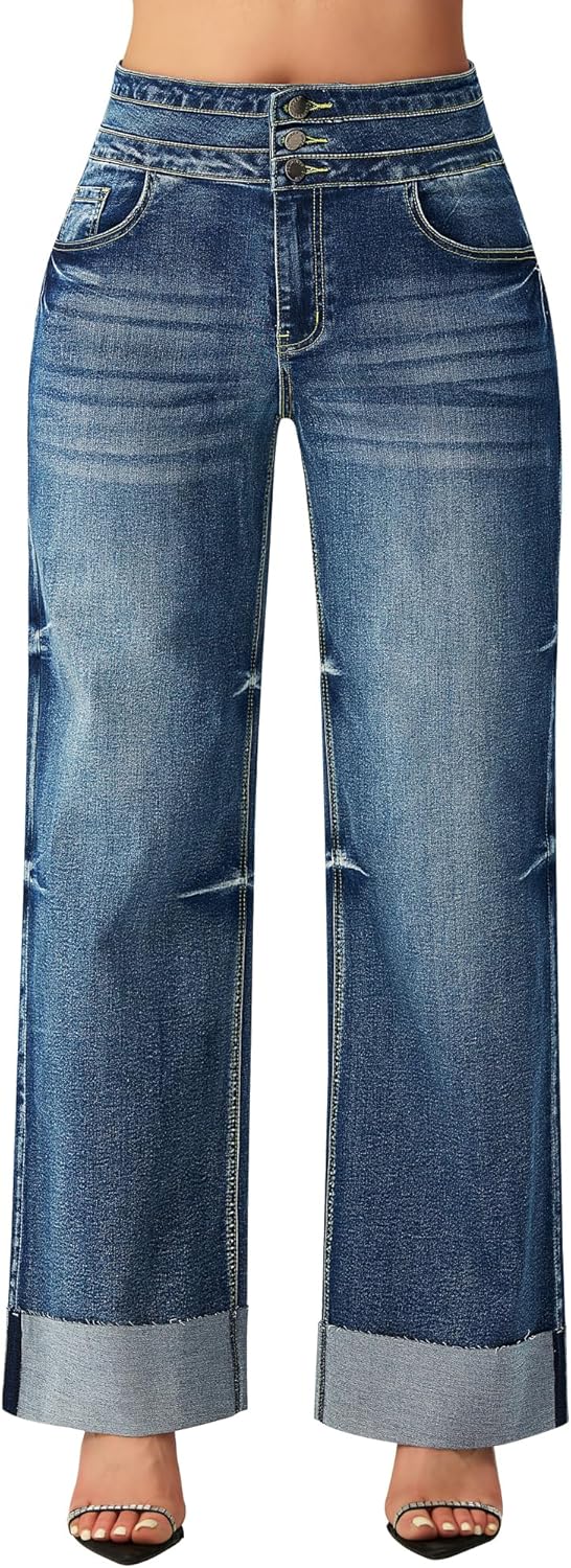 Roswear Women's High Waisted Stretchy Wide Leg Jeans for Style