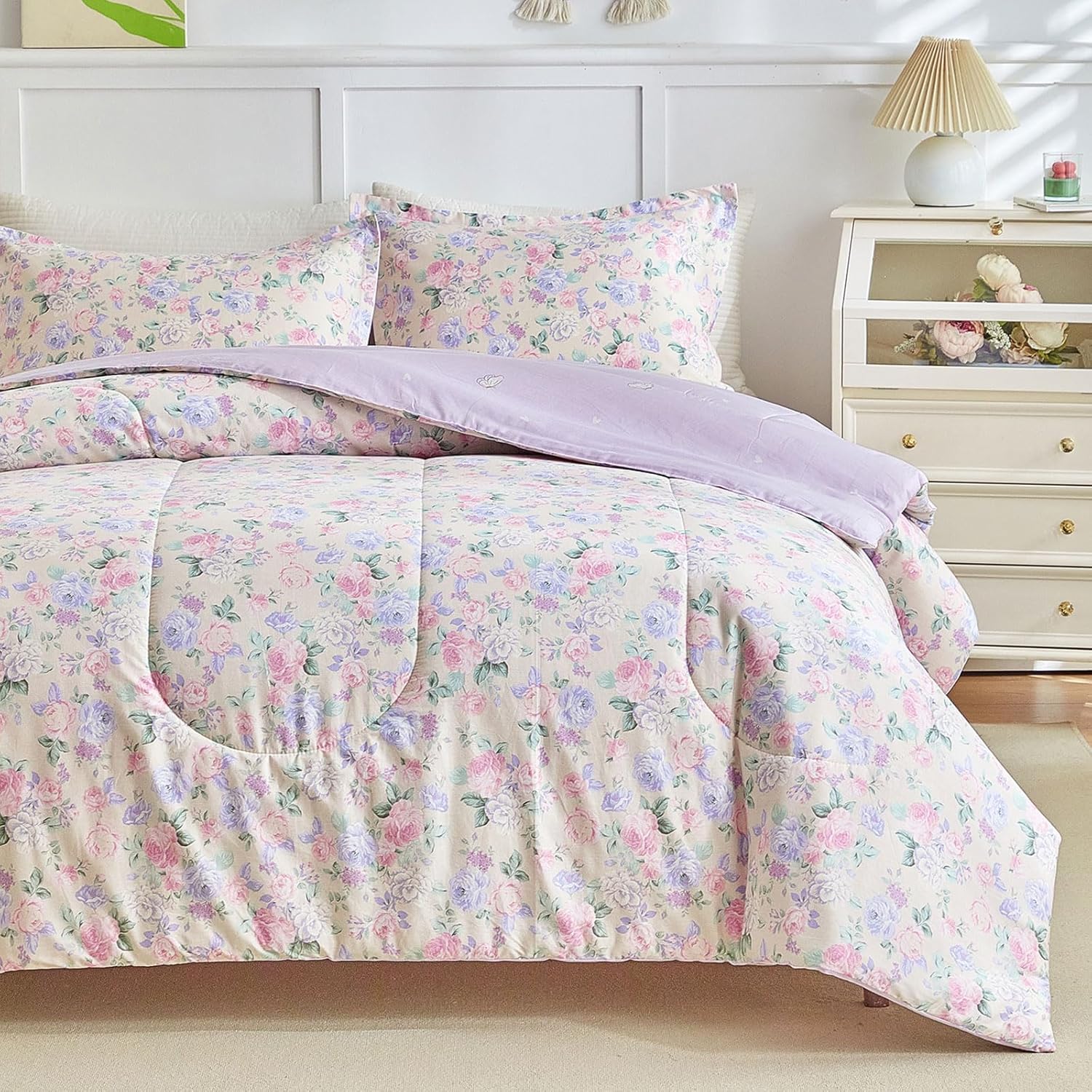 Joyreap Floral Cotton Comforter Set for Girls, Queen Size Soft Bedding