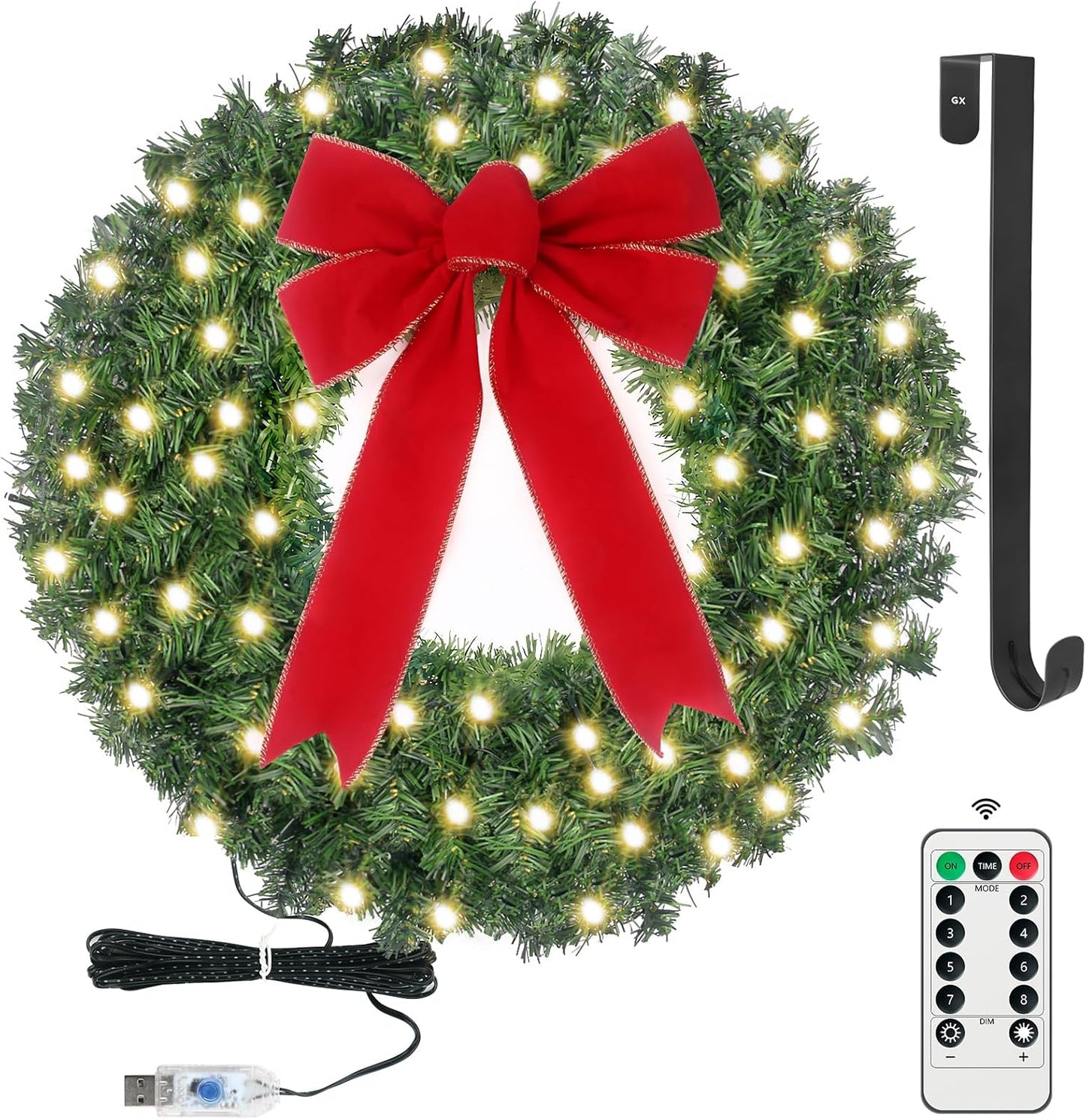 24in Pre Lit Christmas Wreath with Lights & Timer for Decor