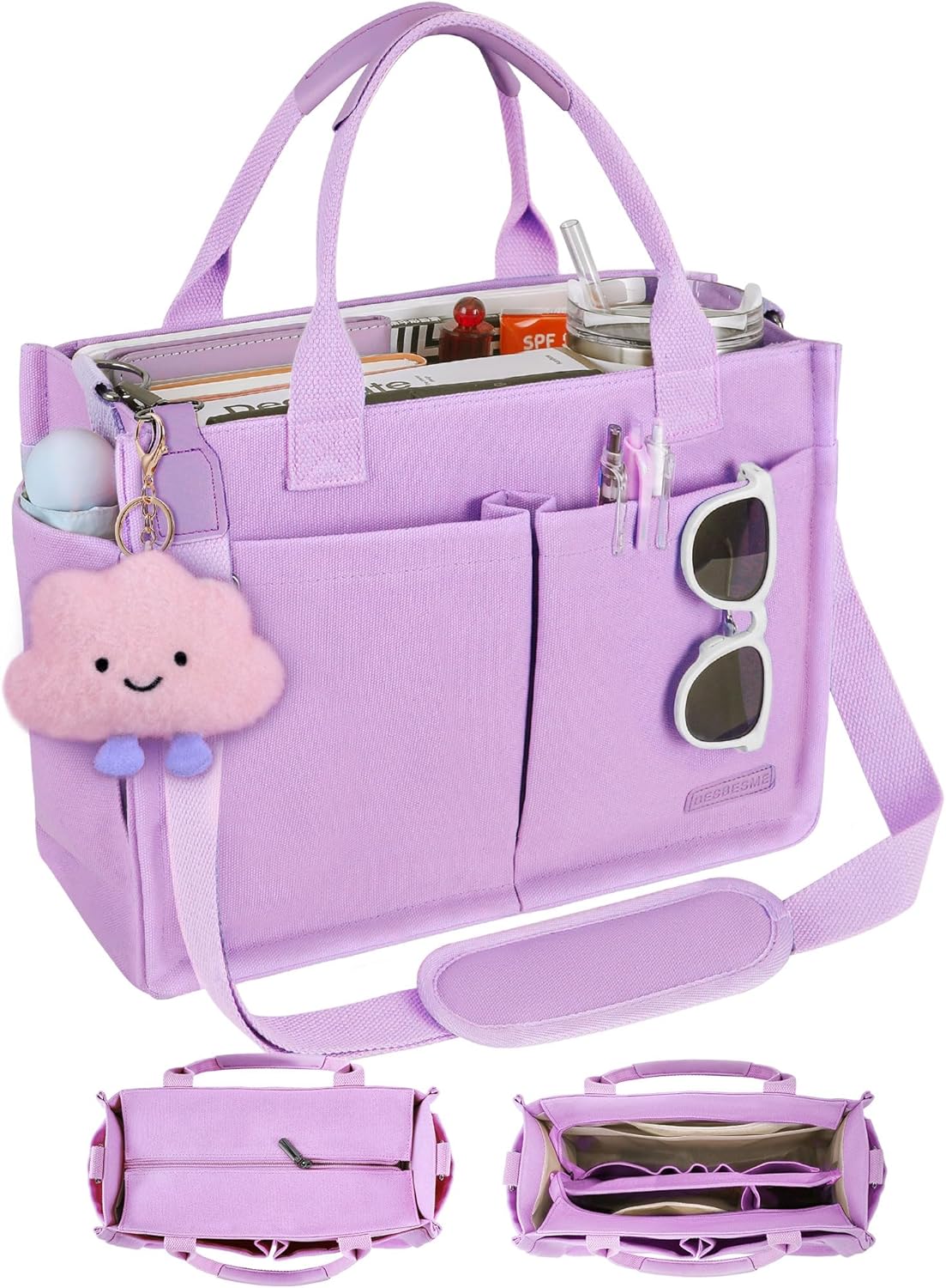 BESBESME Canvas Tote Bag for Women with Zipper & Compartments