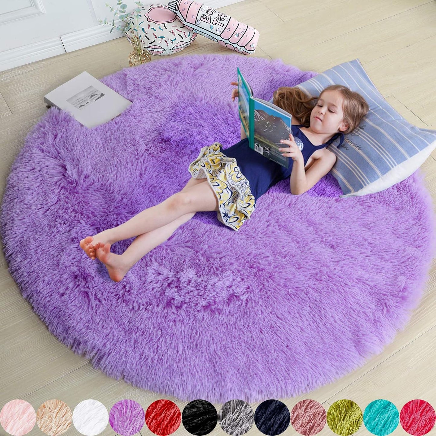 Fluffy Purple Round Rugs 5Ft for Girls Bedroom Decor Aesthetic