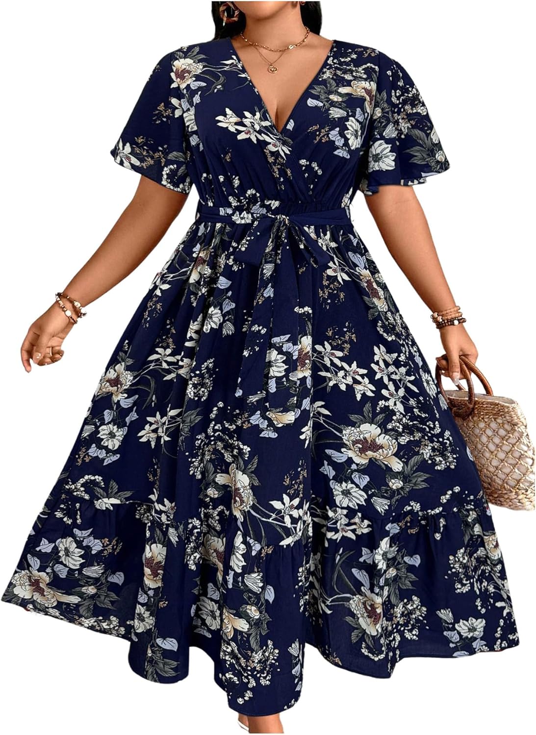 Floerns Women's Plus Size Boho Floral V Neck A Line Dress