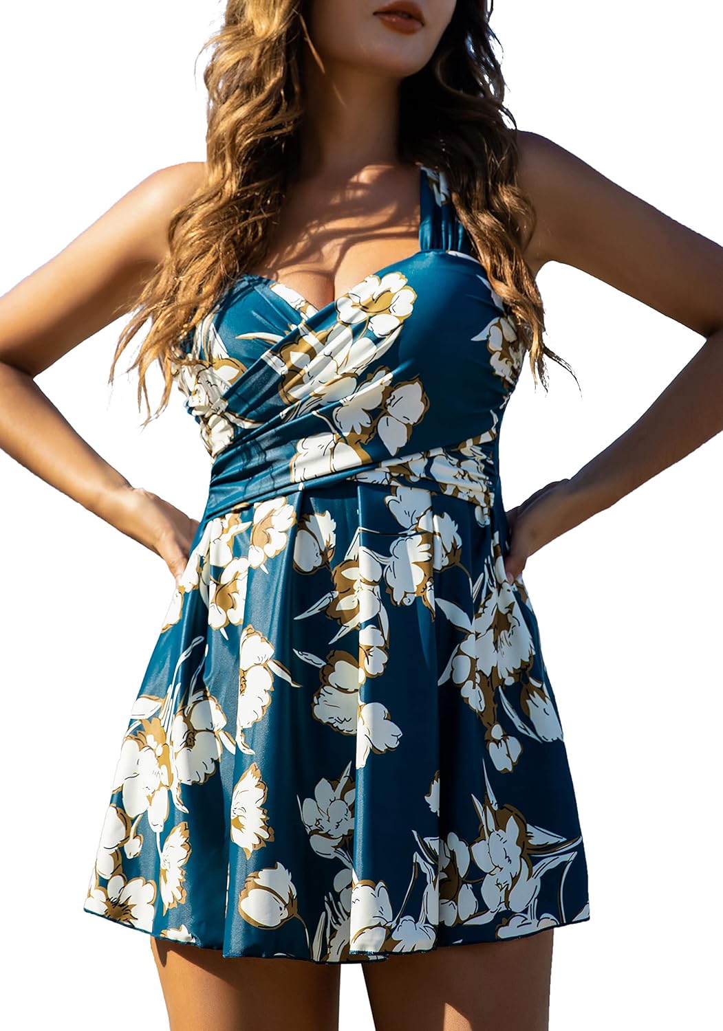 Elegant Crossover One Piece Swimdress for Women - Floral Design